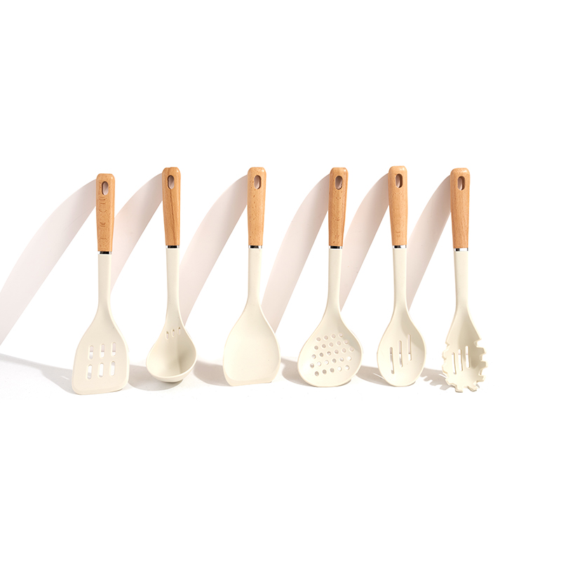 6pcs Cream Silicone & Solid Wood Handle Kitchen Utensil Set 
