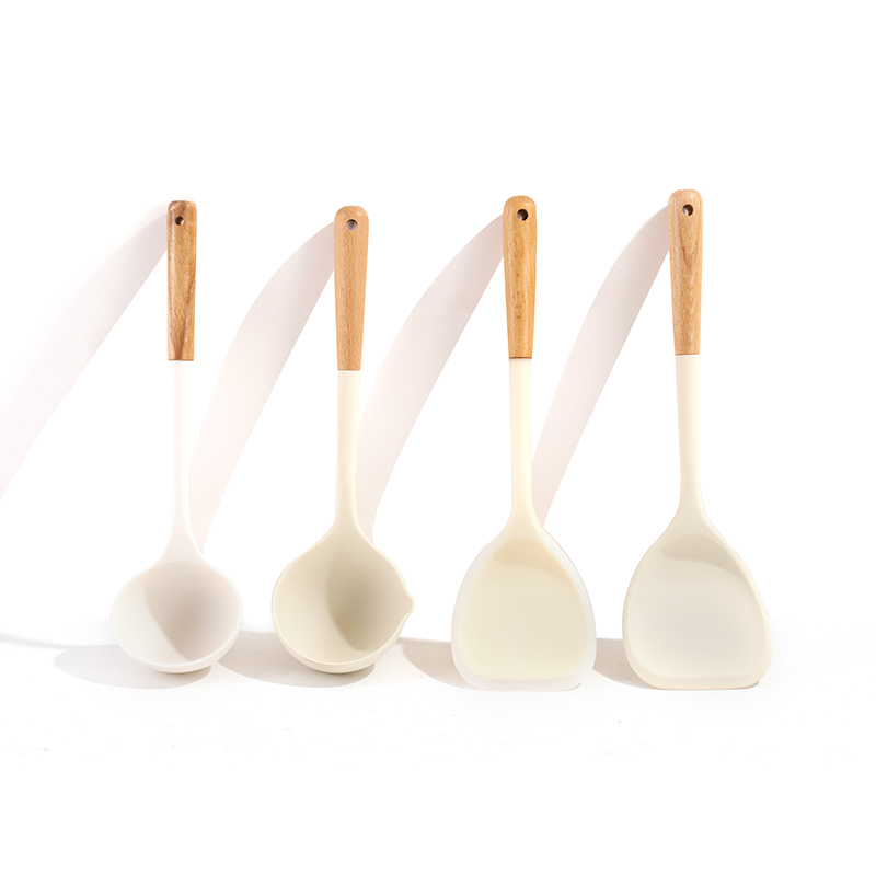 Cream Silicone & Wooden Handle Kitchen Utensil