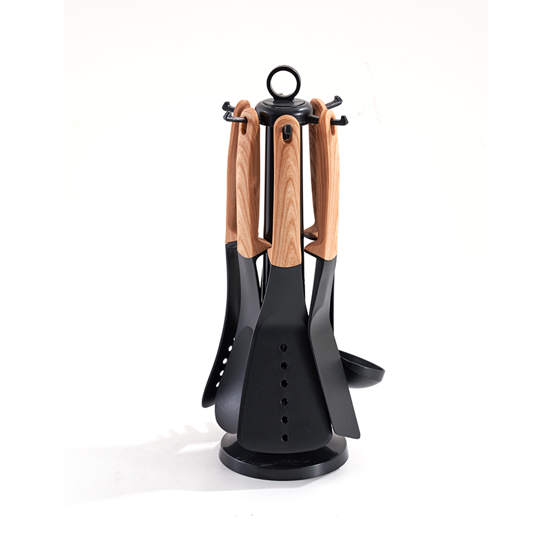 Wood-Grain Handle Silicone Rotating Storage Kitchen Utensil Set